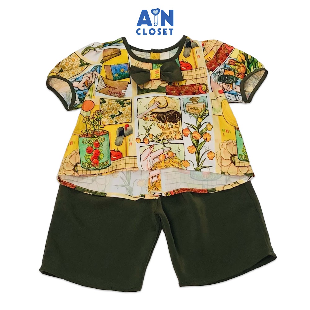 Bộ quần áo lửng bé gái họa tiết xanh rêu lụa - aicdbgmmgn4m - ain closet