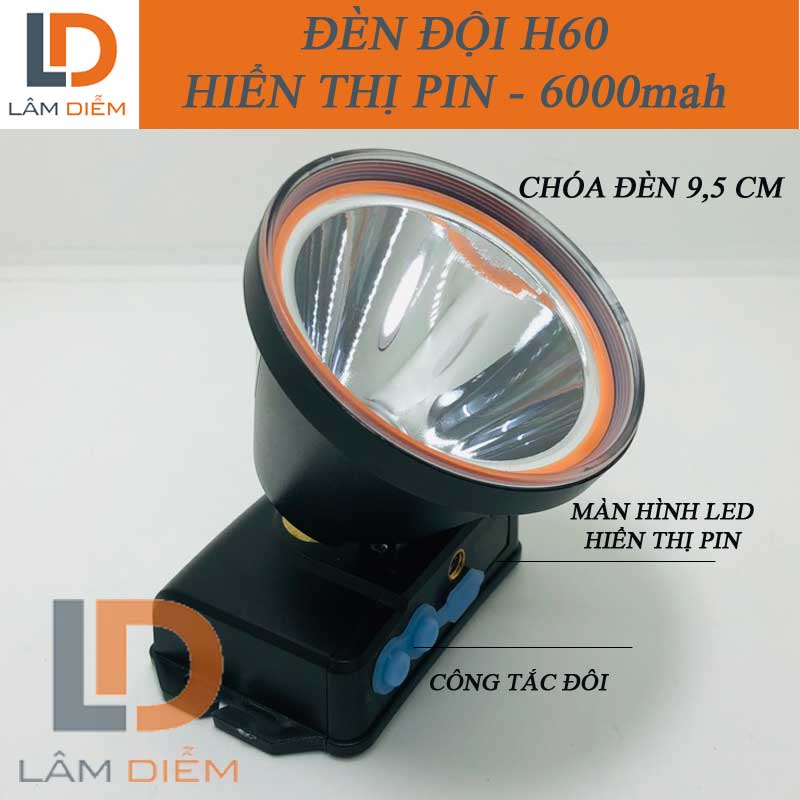 Đèn đội đầu LED hiển thị phần trăm pin trâu siêu sáng kín nước H50 - H60