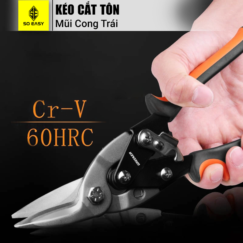 Kéo cắt tôn mũi cong trái T0004 Greener, cắt đoạn thẳng, lưỡi răng cưa thép chắc chắn