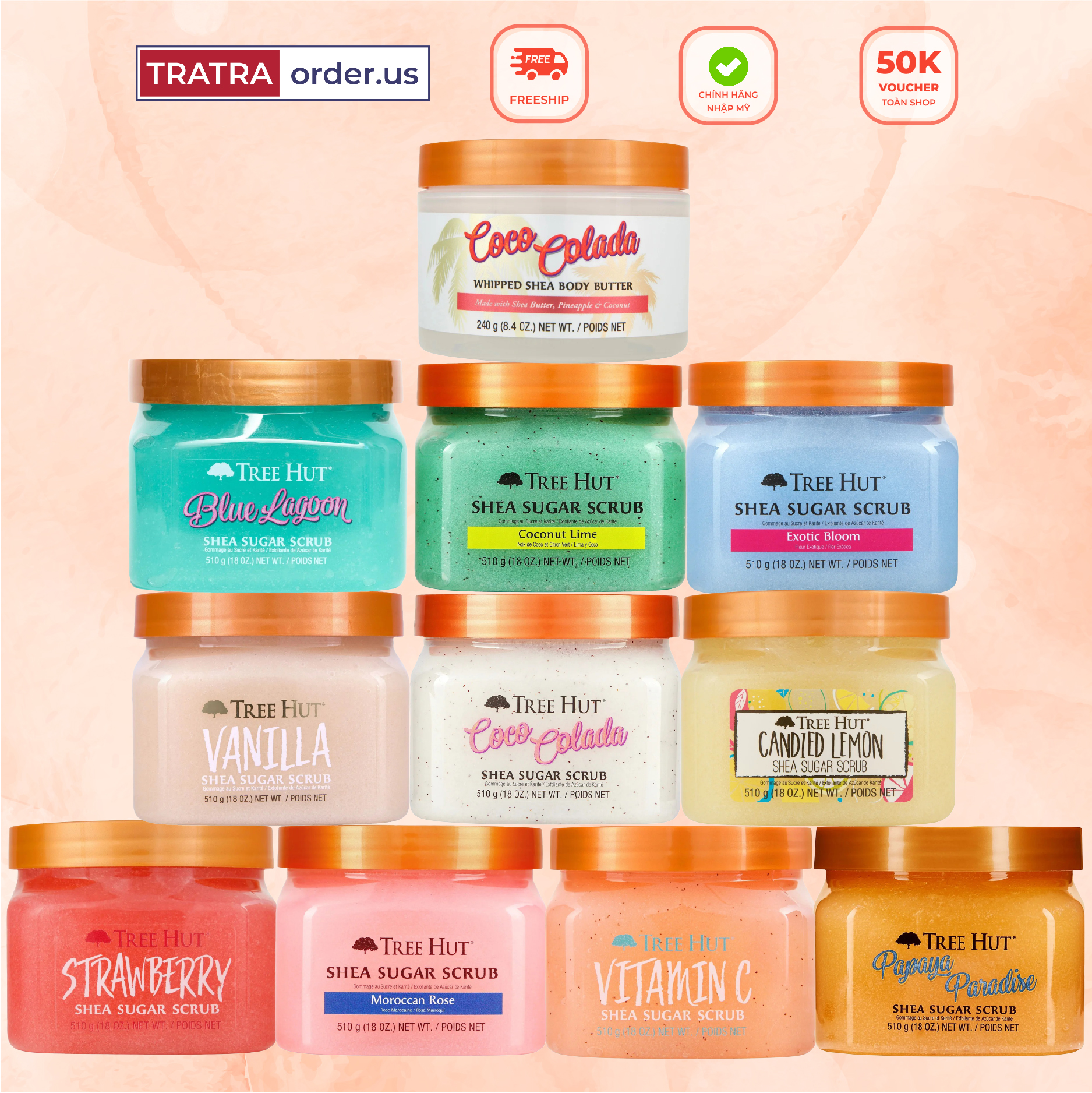 Hũ lớn 510G Tẩy tế bào chết toàn thân Tree Hut Shea Sugar Scrub Bản Mỹ