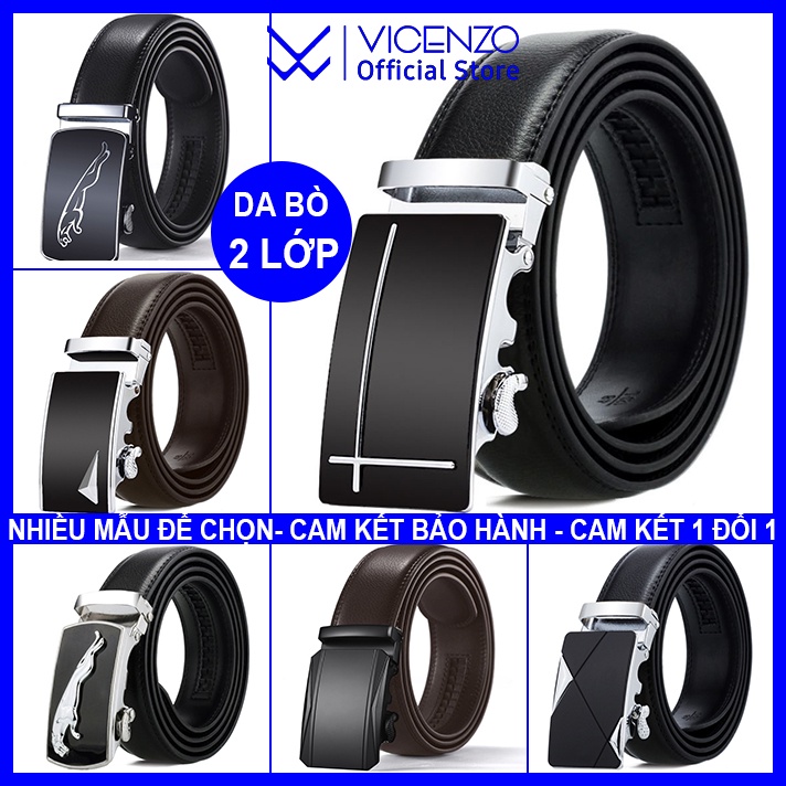 Thắt lưng nam da bò thật cao cấp vicenzo , dây nịt thắt lưng da nam khóa tự động dây răng cưa khâu viền