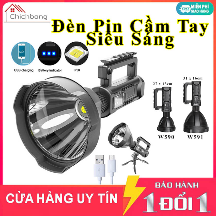 Đèn pin siêu sáng cầm tay chiếu xa 1000m có chân đế chống nước W591 và W590, đèn pin cắm trại dã ngoại siêu sáng, đèn pin tuần tra pin khủng 8000mAh