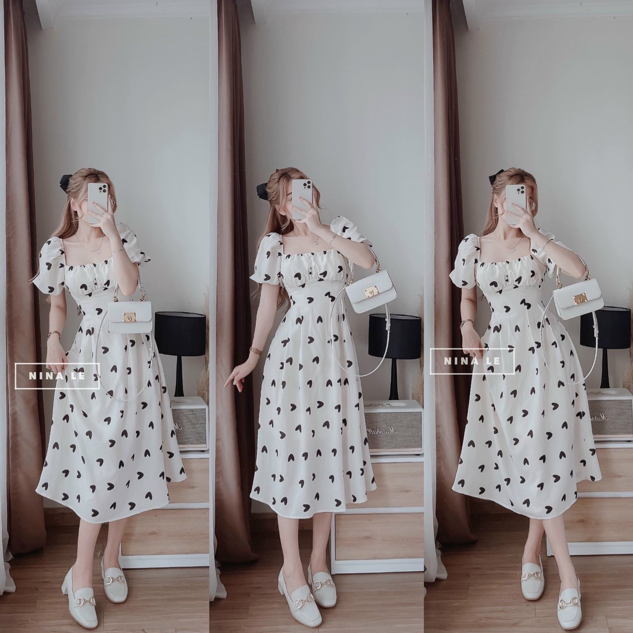 Váy đầm nữ tay phông cổ vuông nhún ngực 2 lớp cột nơ lưng kiểu dáng xinh xắn