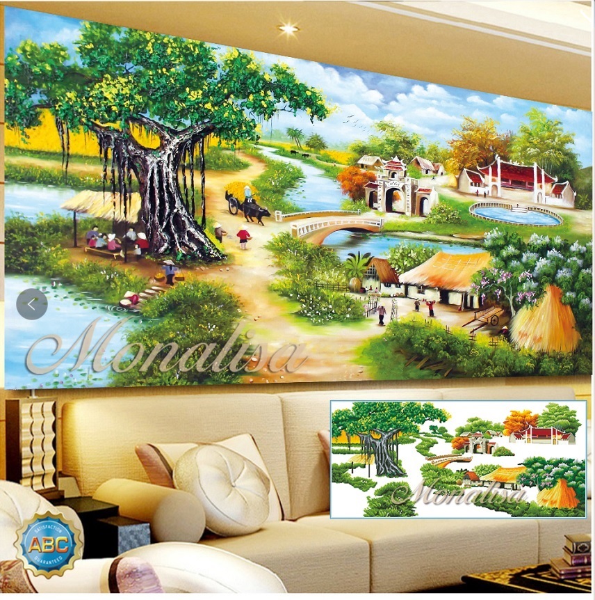 Tranh đính đá phong cảnh làng quê mộc mạc 200x95cm khổ lớn