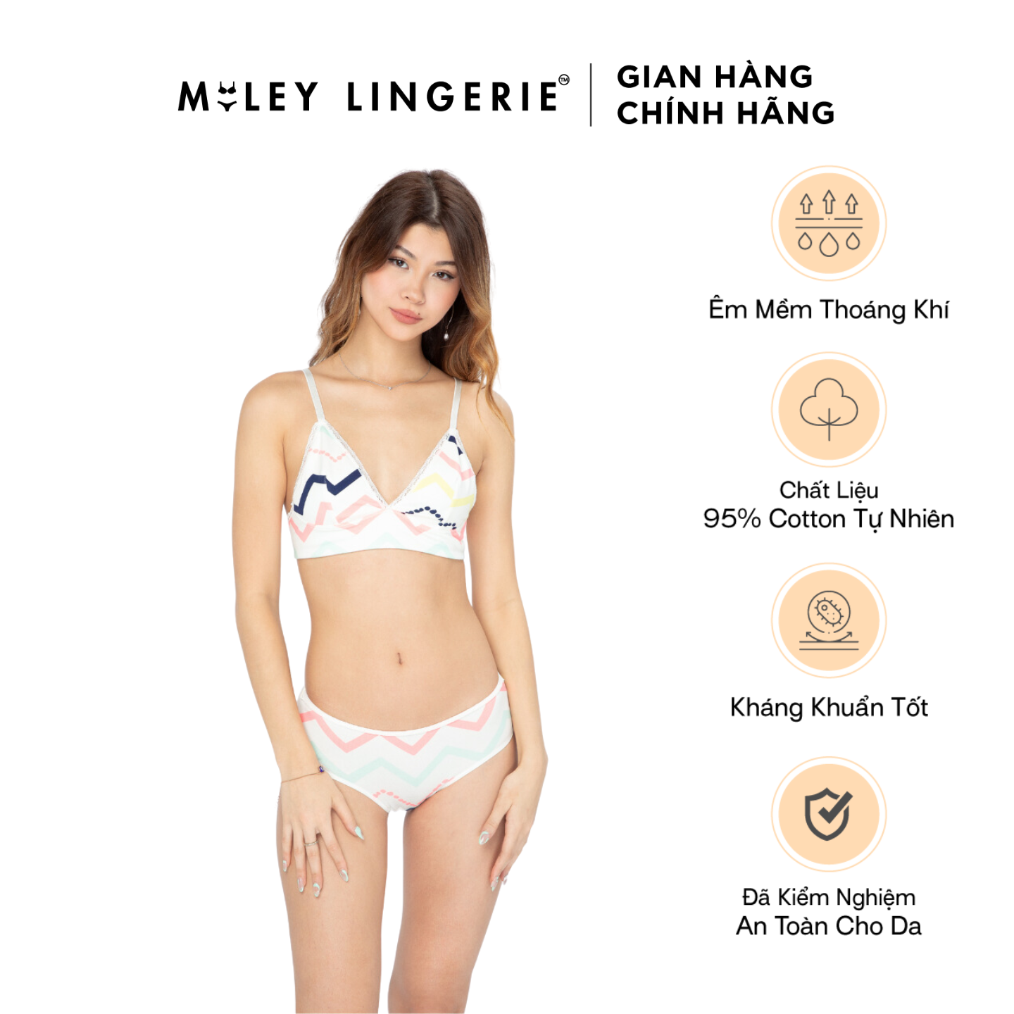 Bộ Đồ Lót Cotton Lụa Phối Ren Nature Wind Chất Liệu Thoáng Mát Họa tiết Ziczac Miley Lingerie