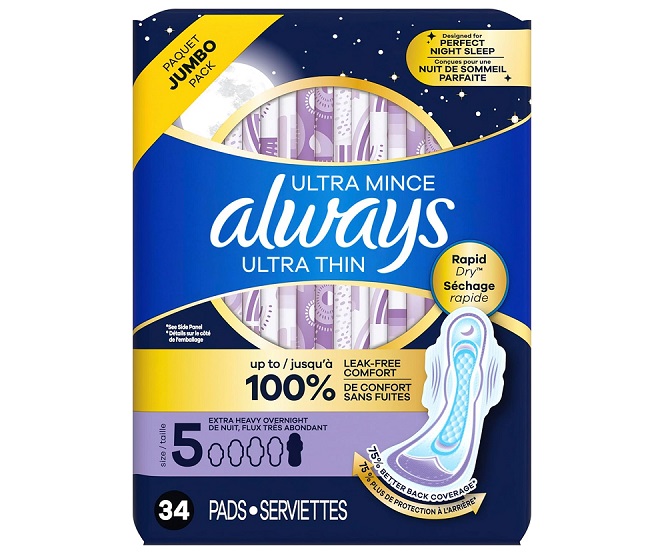Băng vệ sinh Always Ultra Thin có cánh dành cho nữ, cỡ 5, khả năng thấm hút cực tốt suốt đêm 34 miếng (Mỹ)