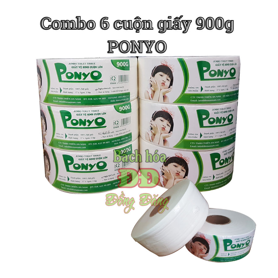 Combo (6 cuộn) giấy vệ sinh cuộn lớn 900g Jumbo Ponyo