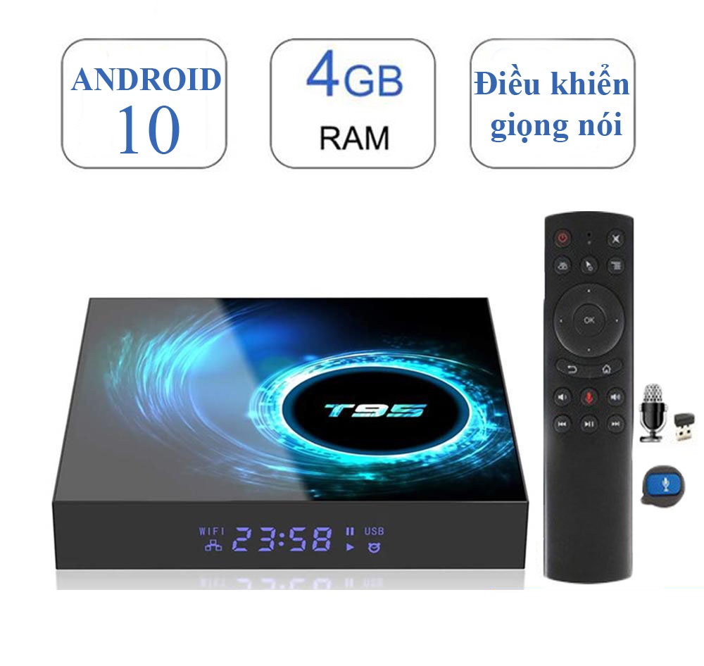 Android TV Box t95 điều khiển giọng nói 4GB Ram 32GB Rom có bluetooth wifi kép 2 băng tần cài sẵn ứng dụng truyền hình cáp miễn phí