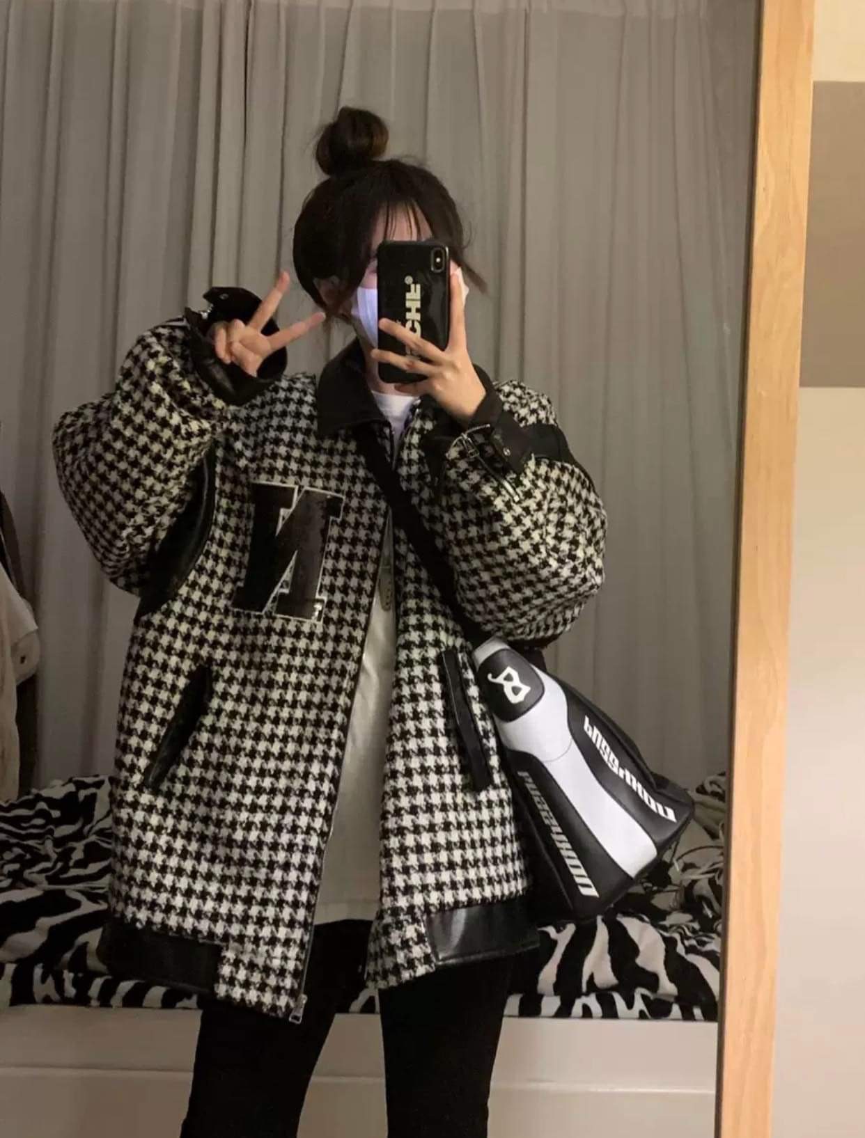 Áo khoác nữ ulzzang hàn quốc form rộng dáng dài len dạ kẻ caro thêu chữ n mùa đông đẹp