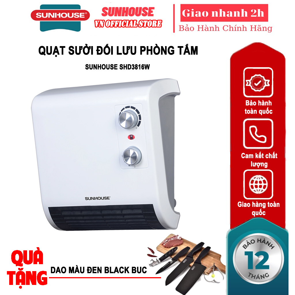 Quạt sưởi phòng tắm đối lưu Sunhouse SHD3816W công suất 1850W + tặng dao làm bếp màu đen