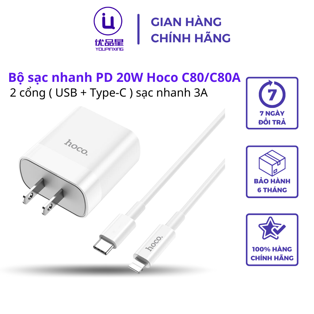 Bộ sạc nhanh pd 20w hoco c80/c80a 2 cổng sạc nhanh 3a