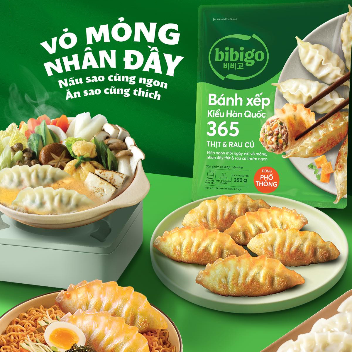 Bánh xếp Mandu Bibigo 365 Thịt và Rau củ Gói 250g