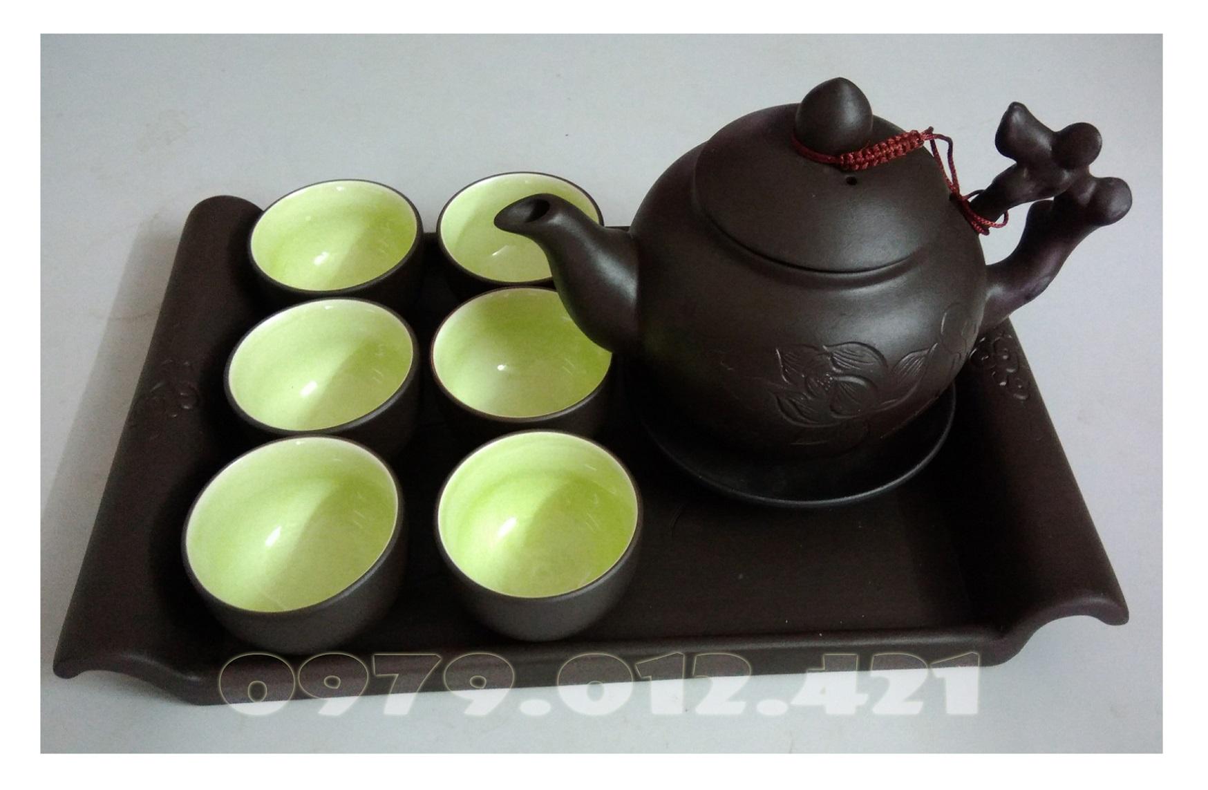 Bộ ấm chén khắc chìm khay hình chữ nhật Bát Tràng