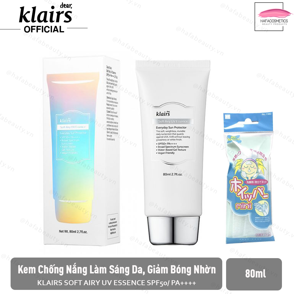 [HCM]Kem chống nắng làm sáng da giảm bóng nhờn Klairs Soft Airy UV Essence SPF50/PA++++ 80ml + Tặng kèm 1 túi lưới rửa mặt tạo bọt