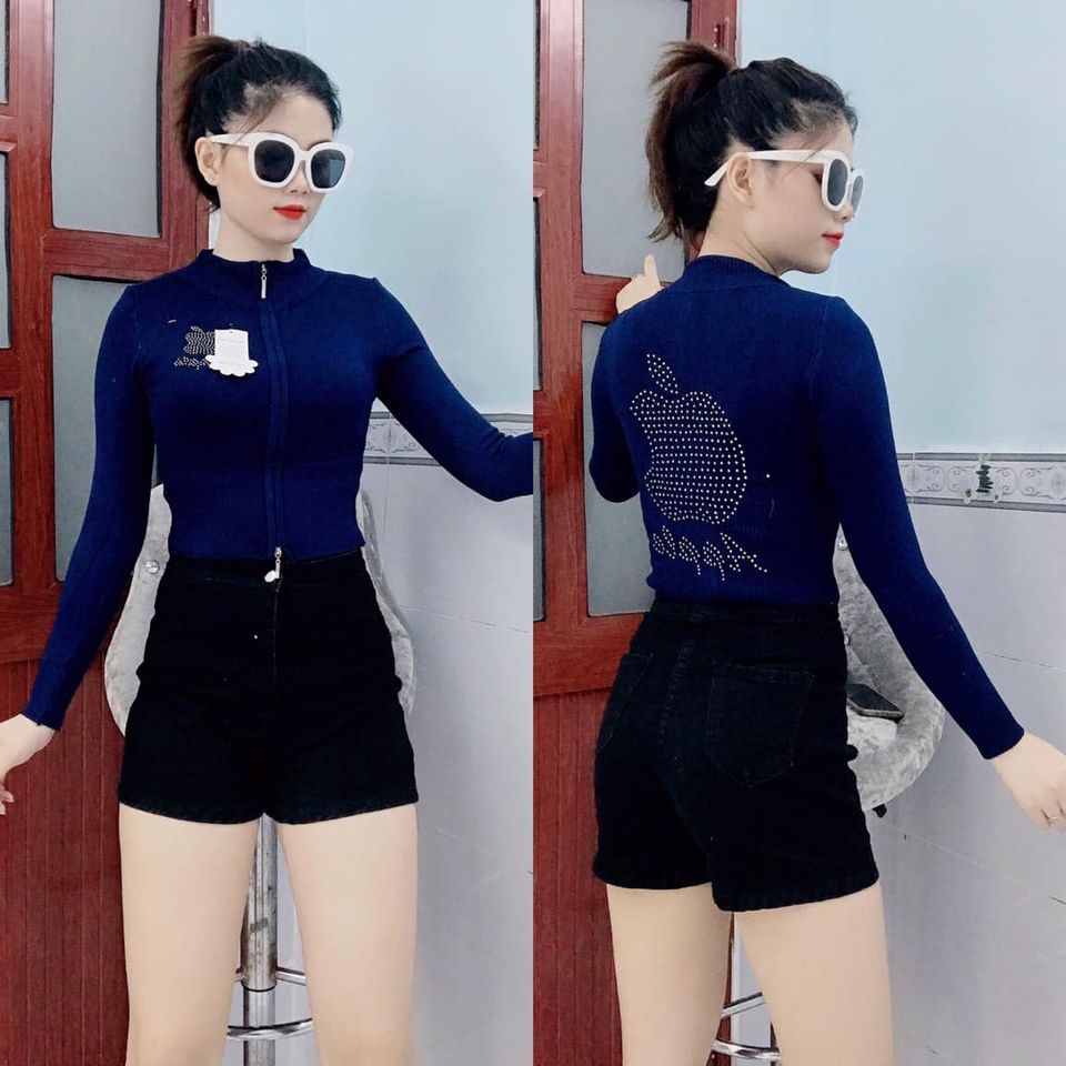 Áo khoác len croptop dây kéo đôi đính hạt sau lưng