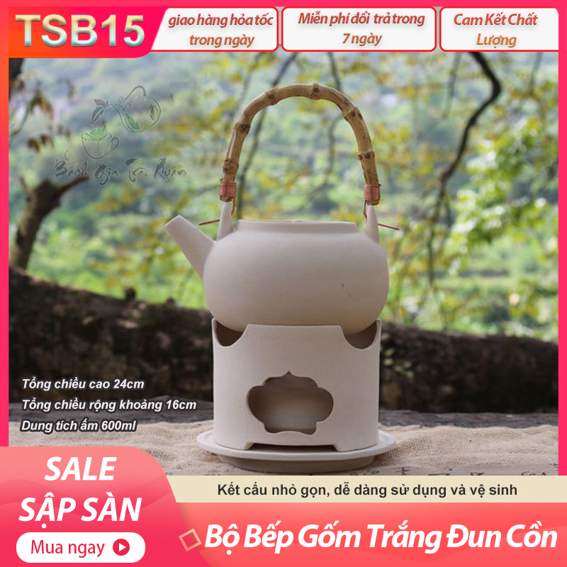 Bộ Bếp Gốm Trắng Đun Cồn- Gồm Bếp , Ấm , Đèn Cồn - bếp ấm đun nước