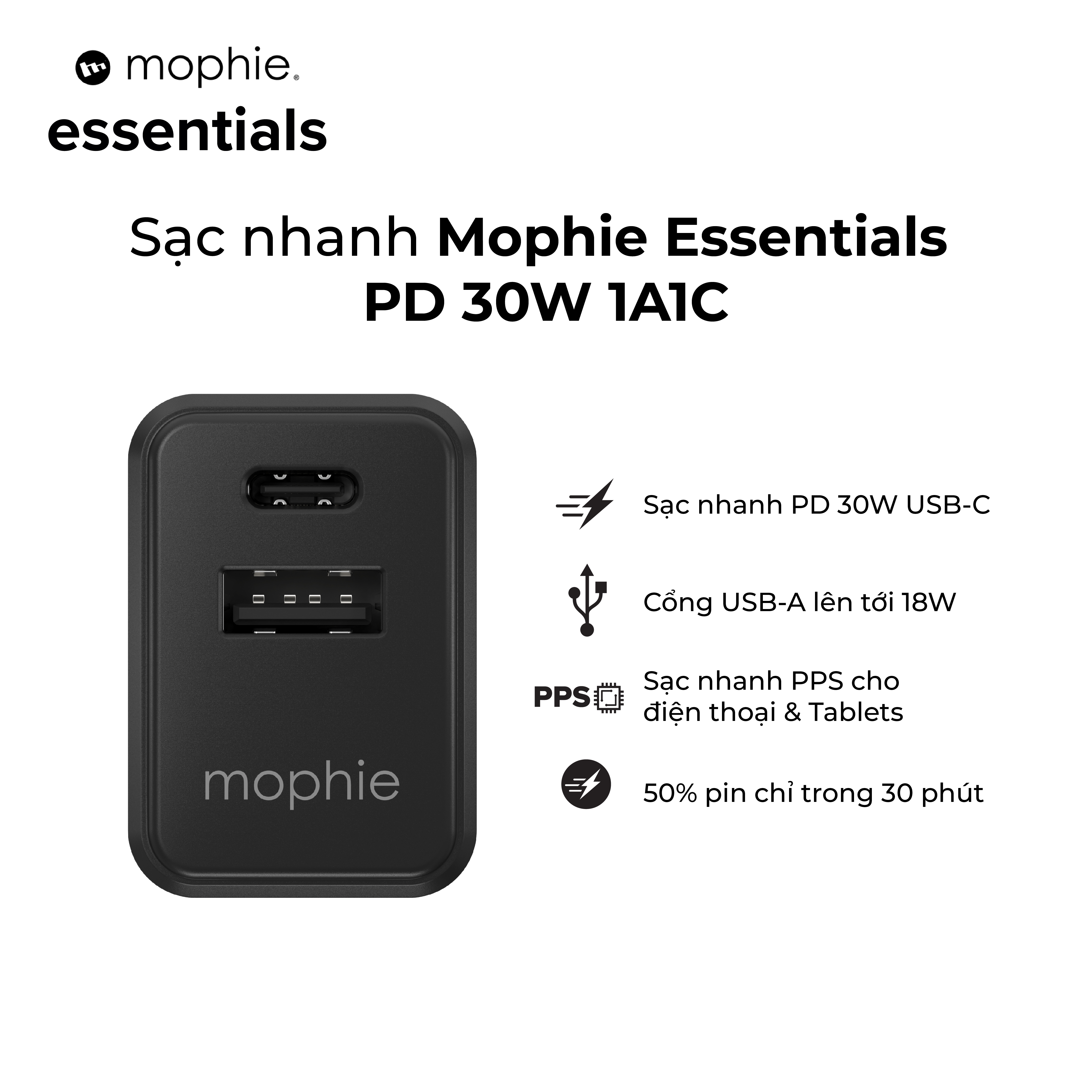 Cốc sạc nhanh mophie Essentials PD 30W type C/ USB-A - dành cho iphone/Android