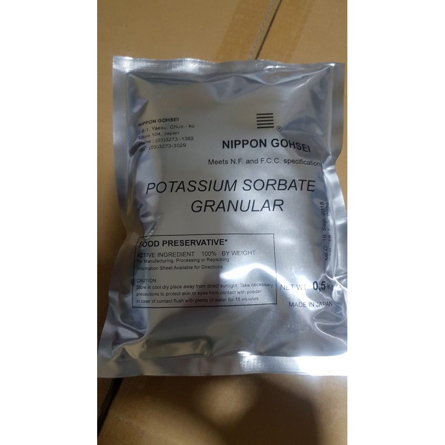 Potassium sorbate granular - chất bảo quản thực phẩm, dùng trong bánh kẹo, nước sốt, mứt quả, gói 500gr