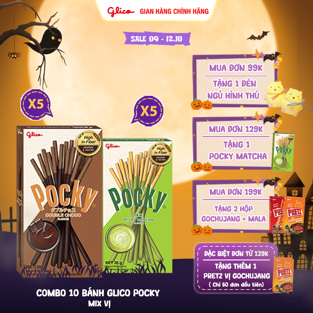 Combo 10 Hộp Bánh Que Phủ Kem Mix 2 Vị Nhân Đôi Socola & Matcha Glico Pocky Happy Set J (5 Double Choco 5 Matcha)