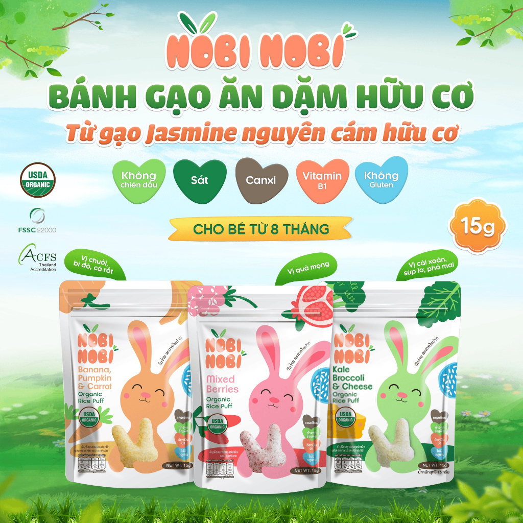 Bánh Gạo Ăn Dặm Hữu Cơ NOBI NOBI Hình Tai Thỏ Túi 15g Cho Bé Ăn Dặm Từ 8M+