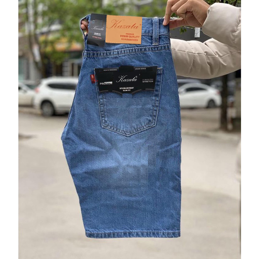 quần short jean nam vải co giãn 4 màu xanh trung xanh rêu xanh đậm xanh sáng ống rộng dài qua gối ống 23-26cm