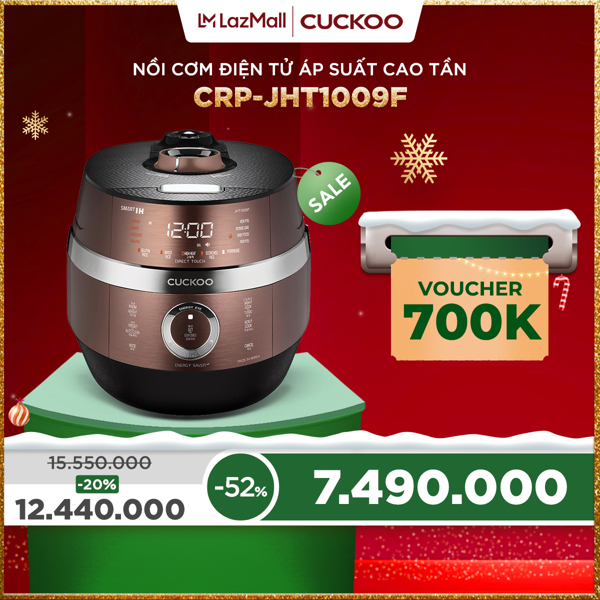 Nồi cơm điện tử áp suất cao tần Cuckoo 1.8 lít CRPJHT1009F Tùy chọn nấu áp suất và không áp suất chế biến không cần đóng nắp lòng nồi chống dính Xwall