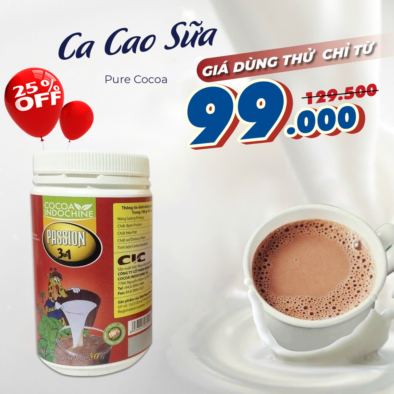 Bột Cacao sữa Passion 3 in 1 - Cocoa Indochine (Hũ 800g)