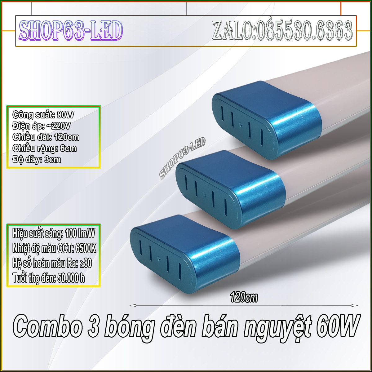 Combo 3 bộ đèn bán nguyệt tròn 80W thế hệ mới với vỏ nhôm đúc sơn tĩnh điện cao cấp - tuýp LED dài 1m2 vỏ mica và LED cao áp siêu sáng