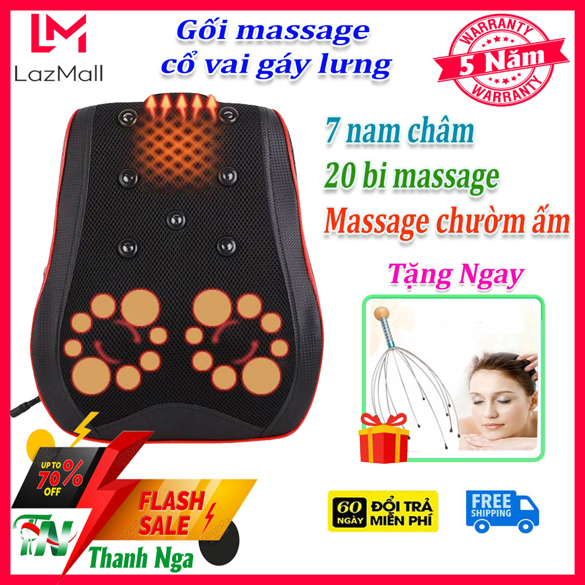 Máy mát xa lưng và cột sống gối massage cổ vai gáy lưng cao cấp chính hãng có hồng ngoại với 20 bi xoay cho cảm giác chân thực như tay người giảm đau mỏi nhanh phù hợp dùng tại nhà văn phòng ô tô