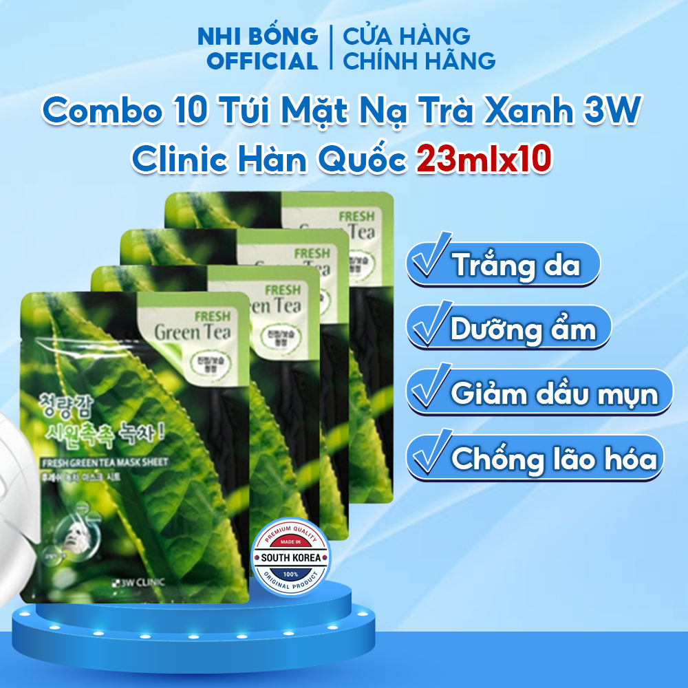 Combo 10 Mặt nạ giấy trà xanh 3W Clinic Hàn Quốc Fresh Green Tea Mask Sheet dưỡng trắng da dưỡng ẩm giảm dầu mụn và mềm mịn da 23mlx10