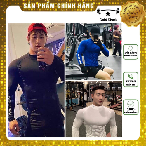 Áo tập gym nam dài tay , thun co dãn 4 chiều, ôm body, logo cá tính [Gold Shark] - Hàng Siêu Cấp