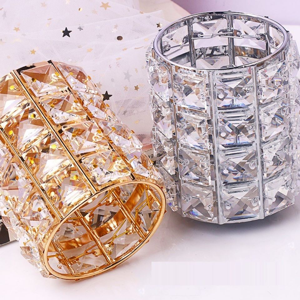 Hũ đựng cọ trang điểm, cốc , lọ đựng đồ makeup kim loại pha lê sang trọng