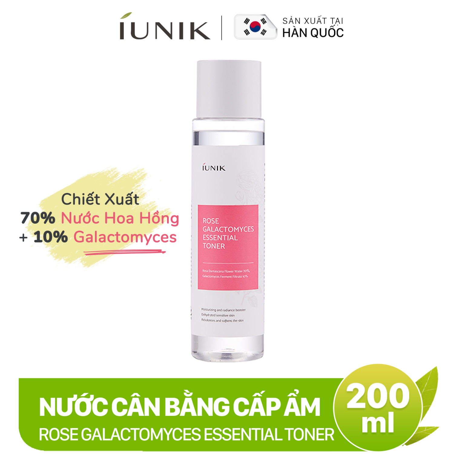 Nước cân bằng cấp ẩm và sáng da chiết xuất hoa hồng IUNIK Rose Galactomyces Essential Toner 200ml