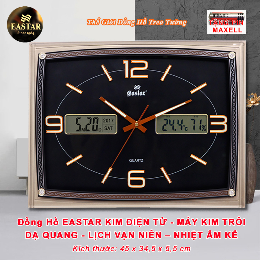 Đồng Hồ KIM ĐIỆN TỬ EASTAR KIM TRÔI DẠ QUANG Có LỊCH Vạn Niên và NHIỆT ẨM Kế - Mặt Kính Tràn Viền - Tặng 3 Pin Maxell - Bảo Hành 1 Năm