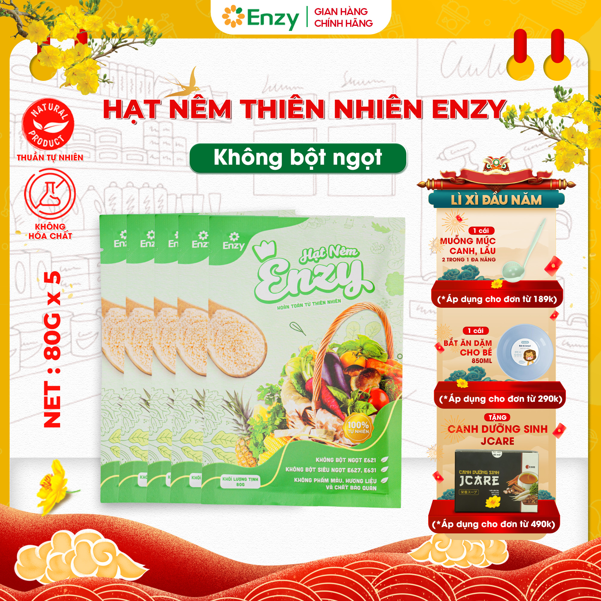 5 gói hạt nêm rau củ không bột ngọt enzy, 100% rau củ hữu cơ, thuần chay