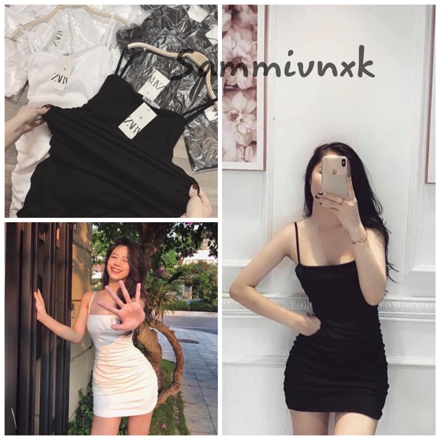 Váy body hai dây dúm eo nữ??Đầm dáng ôm hai dây tăng đơ nhún eo tôn dáng??()