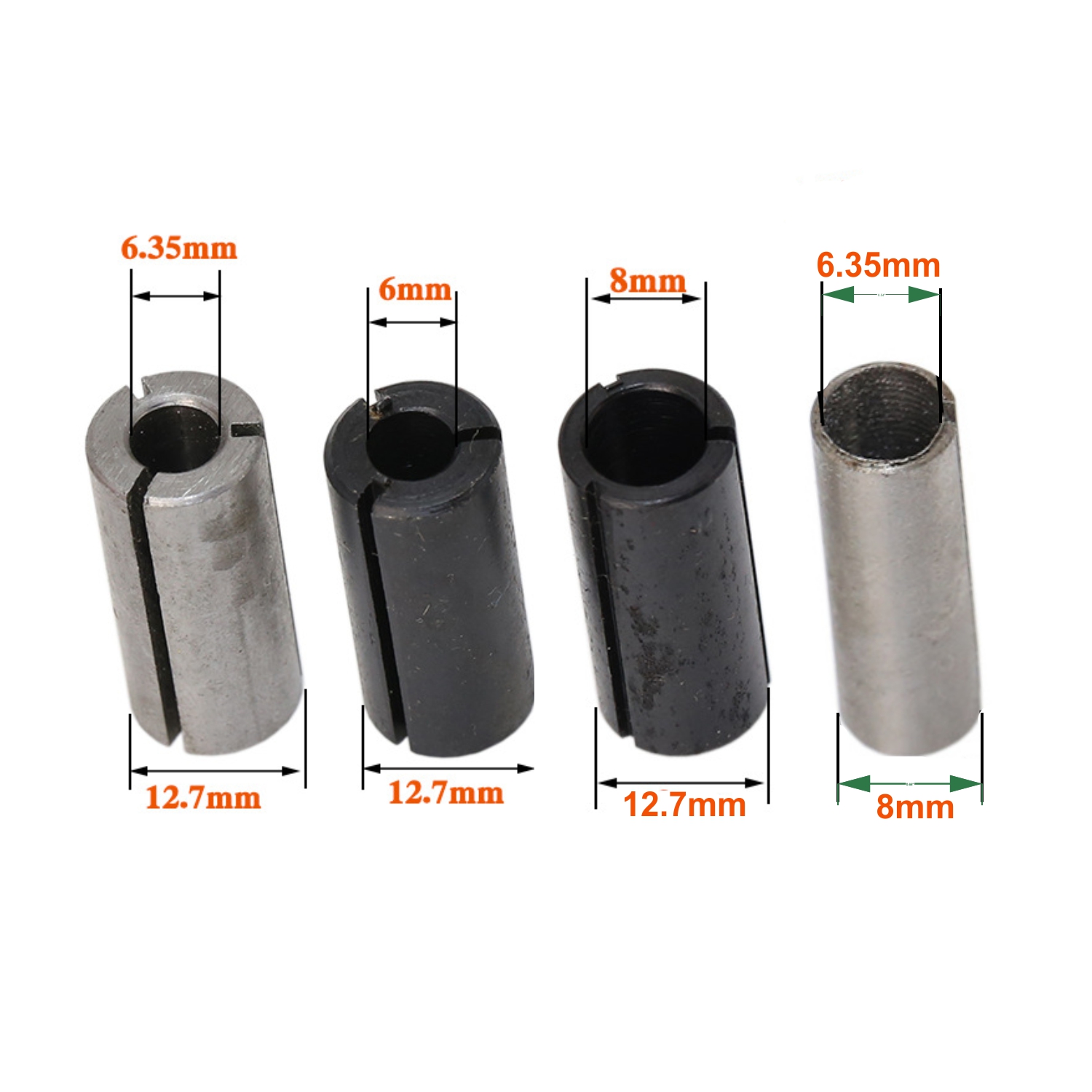 Bộ 4 đầu chuyển cho các loại mũi phay gỗ, 8mm đến 6.35mm , 12.7mm đến 6.35mm, 12.7mm đến 8mm, 12.7mm đến 6mm