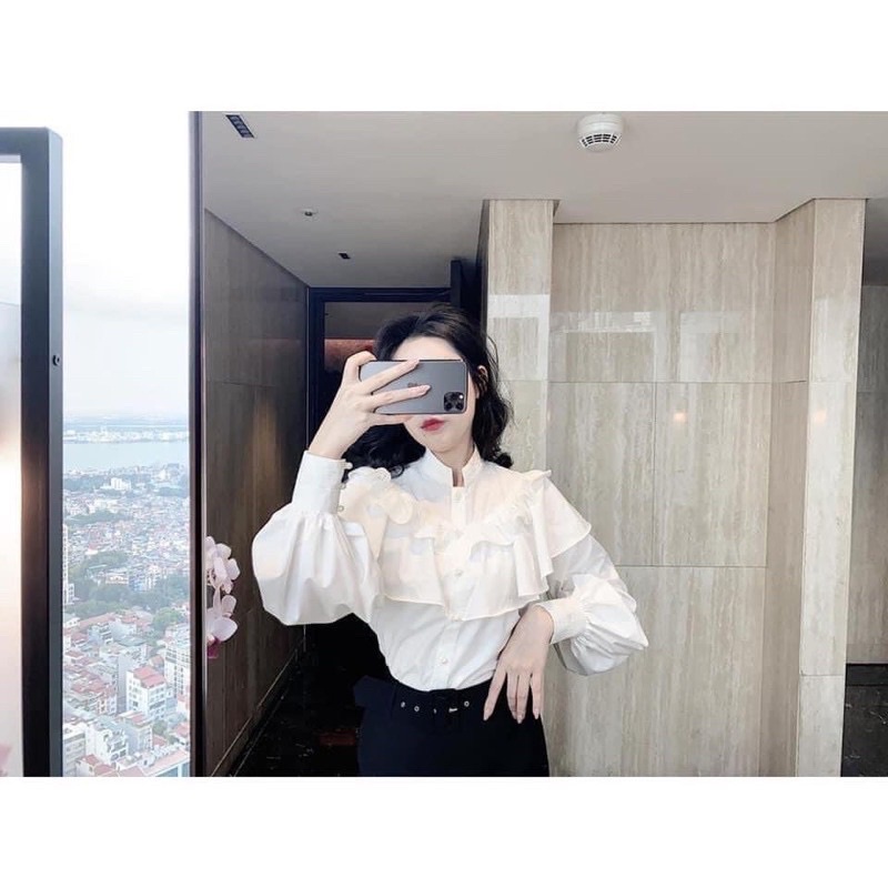 Áo sơ mi cổ trụ cúc ngọc bèo tầng gs85