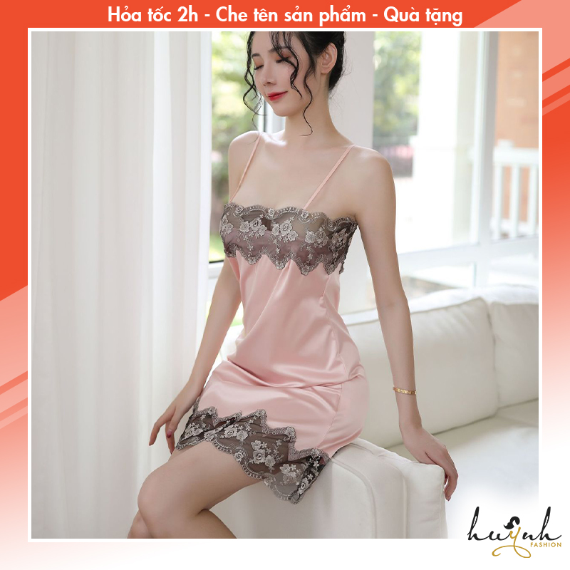 Váy ngủ hai dây phi lụa viền ren dáng suông - n01