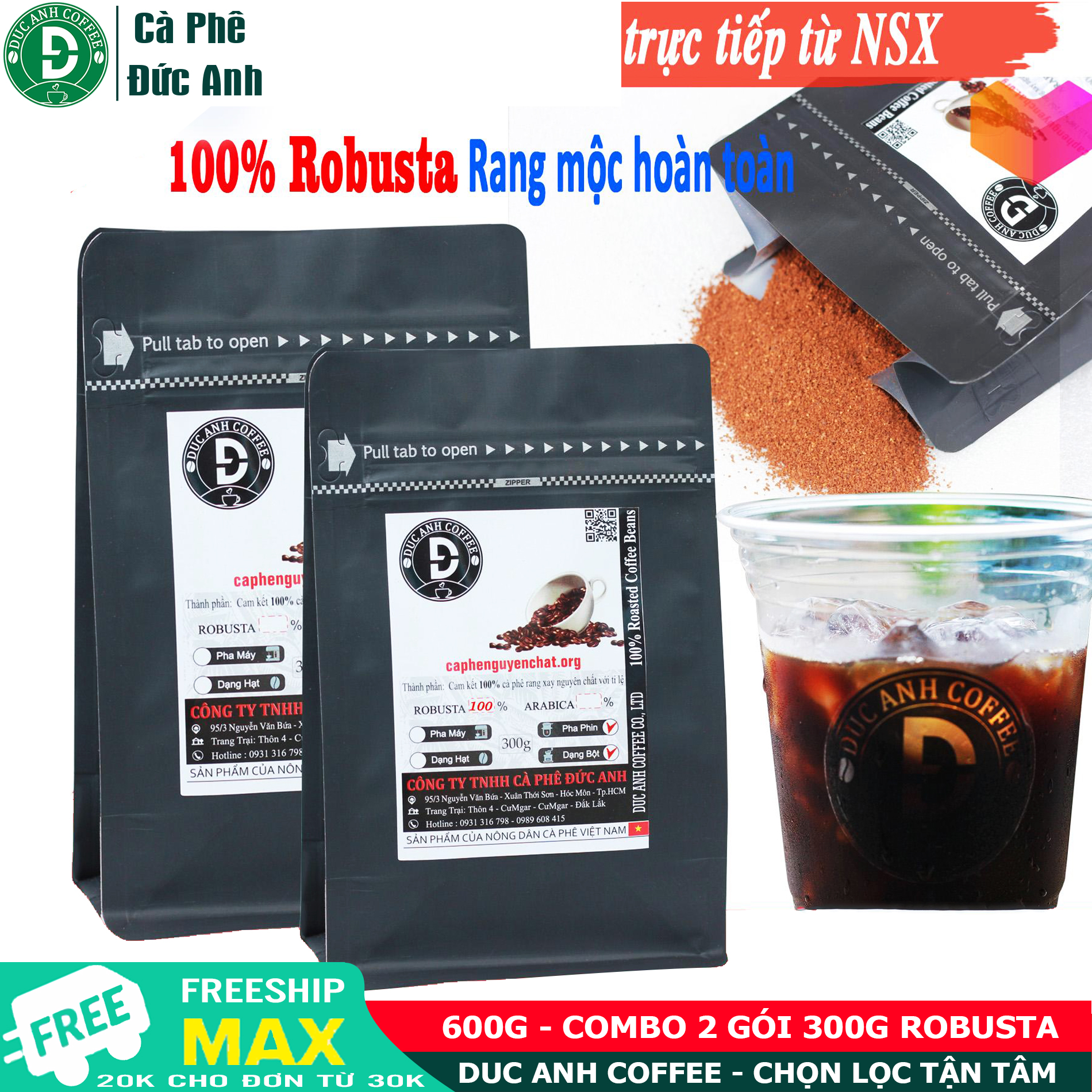 600g (2 gói) cà phê rang xay mộc nguyên chất 100% Robusta mỗi gói zipper 300g - cà phê BUÔN MA THUỘT - Thương hiệu Việt về cafe sạch