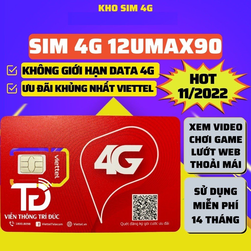 Freeship - chưa kích hoạt. sim 4g viettel 12umax90 vào mạng trọn gói 1 năm miễn phí - sim siêu tốc độ - bảo hàng 12 tháng từ mường thanh royal