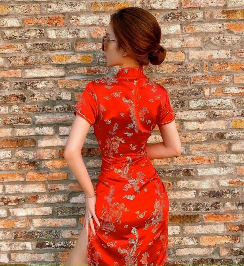 SƯỜN XÁM HỌA TIẾT RỒNG PHỤNG 2 MÀU ĐỎ VÀNG SẮC SẢO THỜI TRANG THIẾT KẾ LAN CHI RP70