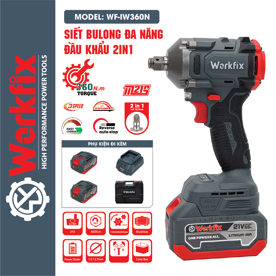 Máy siết bulong dùng pin Workfix WF-IW360N chân pin phổ thông, Lực siết 360NM, Máy không chổi than