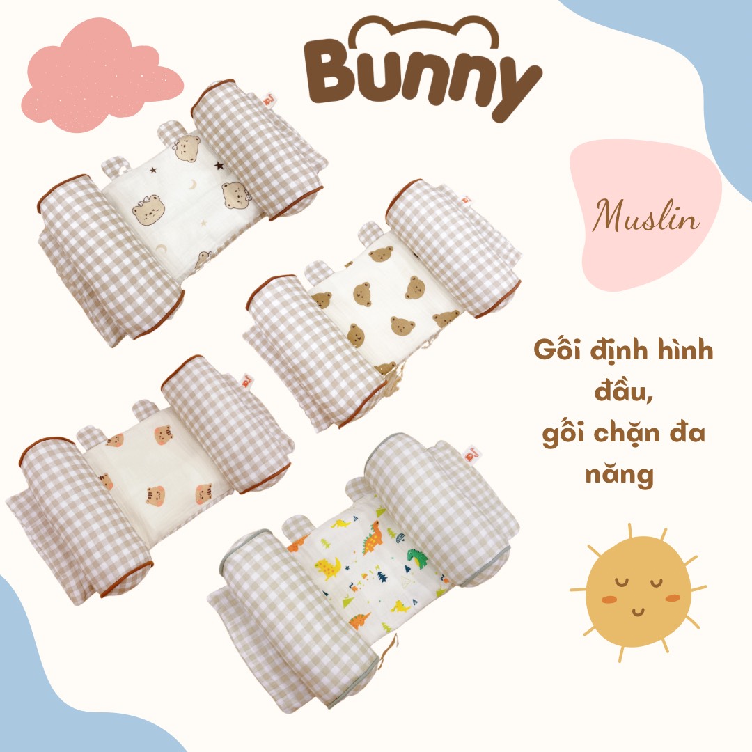 Gối định hình đầu cho bé KidAndMom Bunny chống bẹp đầu gối chặn đa năng cho trẻ sơ sinh vải xô Muslin Organic cao cấp