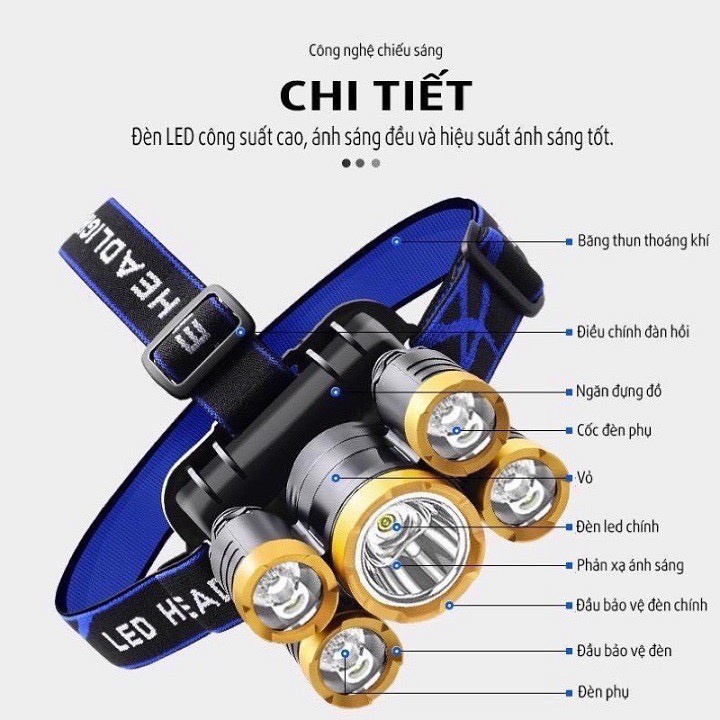 Đèn pin đôi đầu, đội đầu 5 bóng siêu sáng.