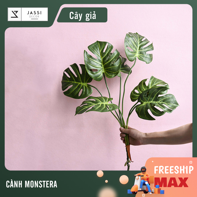 Cây giả decor bằng nhựa, cành cây Monstera trầu bà lá xẻ cắm bình trang trí (7 lá) 70cm