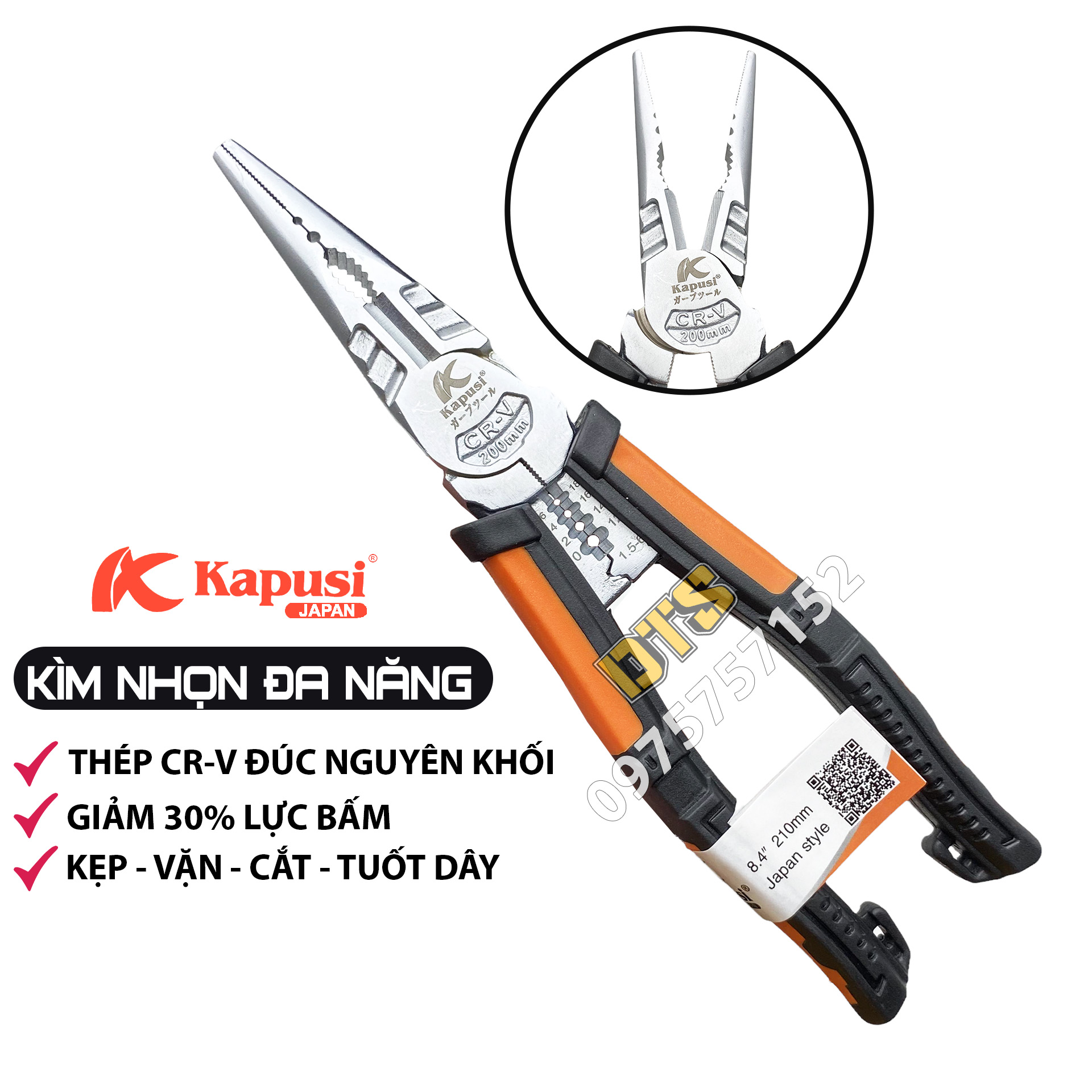 Kìm nhọn đa năng thép Nhật CR-V đúc nguyên khối Kapusi JAPAN 210mm, thiết kế tiên tiến tiết kiệm 30% lực bấm (Kẹp, Cắt, Vặn và Tuốt dây), kìm đa năng cao cấp, kìm trợ lực, kìm mỏ nhọn, kìm cắt dây điện, kìm cắt kẽm, kềm nhọn