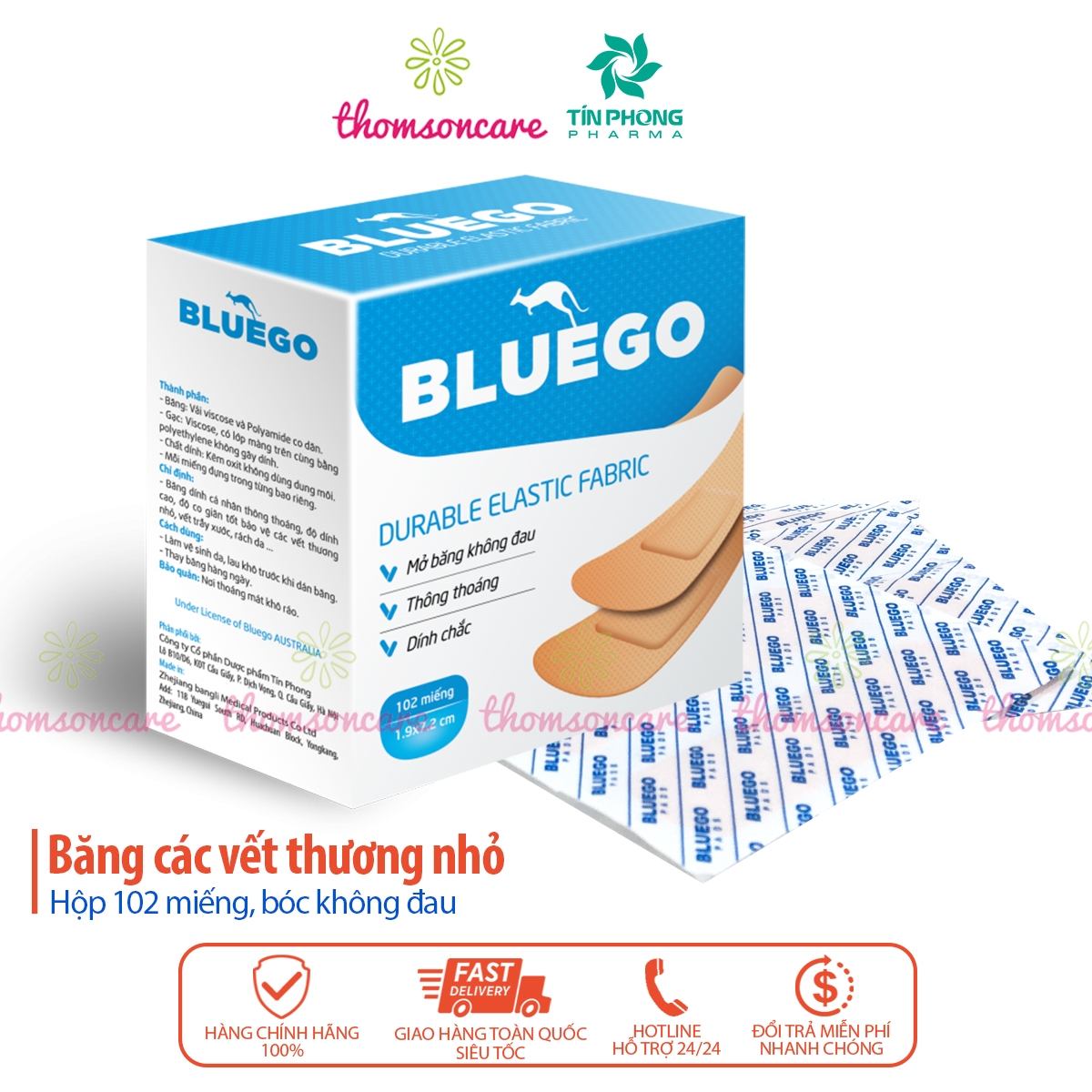 Băng vết thương cá nhân Bluego Hộp 102 miếng size 19x72mm - băng dính y tế cầm máu, các vết trầy xước