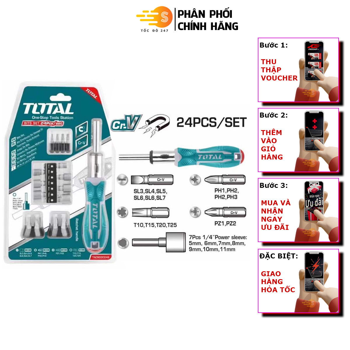 Bộ tua vít 24 chi tiết đa năng total tacsd30246 - nhiều loại mũi vít, tay cầm nhựa nhám chắc chắn, thép chuyên dụng cr-v - tốc độ 247