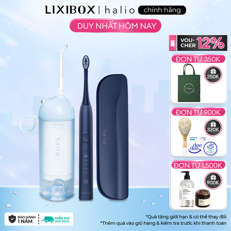 Combo Máy Tăm Nước Cầm Tay Halio UltraClean - Blue Và Bàn Chải Điện Làm Trắng Răng Midnight Blue